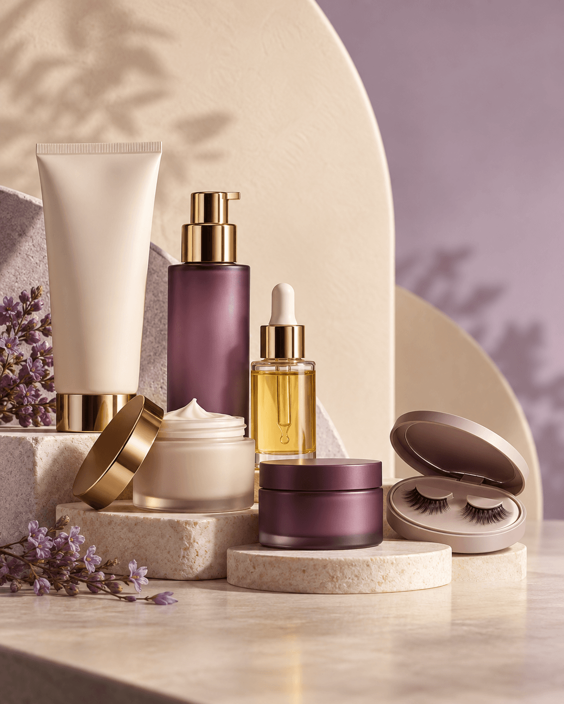 Hair care and cosmetic products arranged on stone plinths
